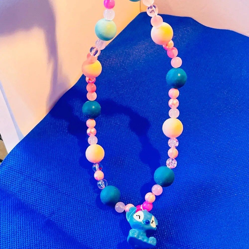 Blue Beaded Phone chain key chain Lanyard with Charm - stitch